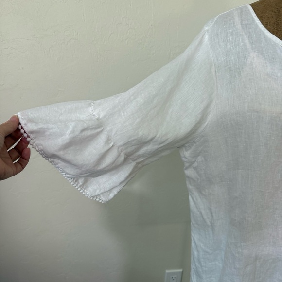 Tahari 100% Linen Tunic Top White Pom Pom Trim V-Neck Beach Minimalist Boho 2X​ - Picture 2 of 7